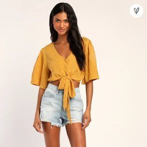 Lulus Delightful Darling Yellow Floral Embroidered Tie-Front Crop Top